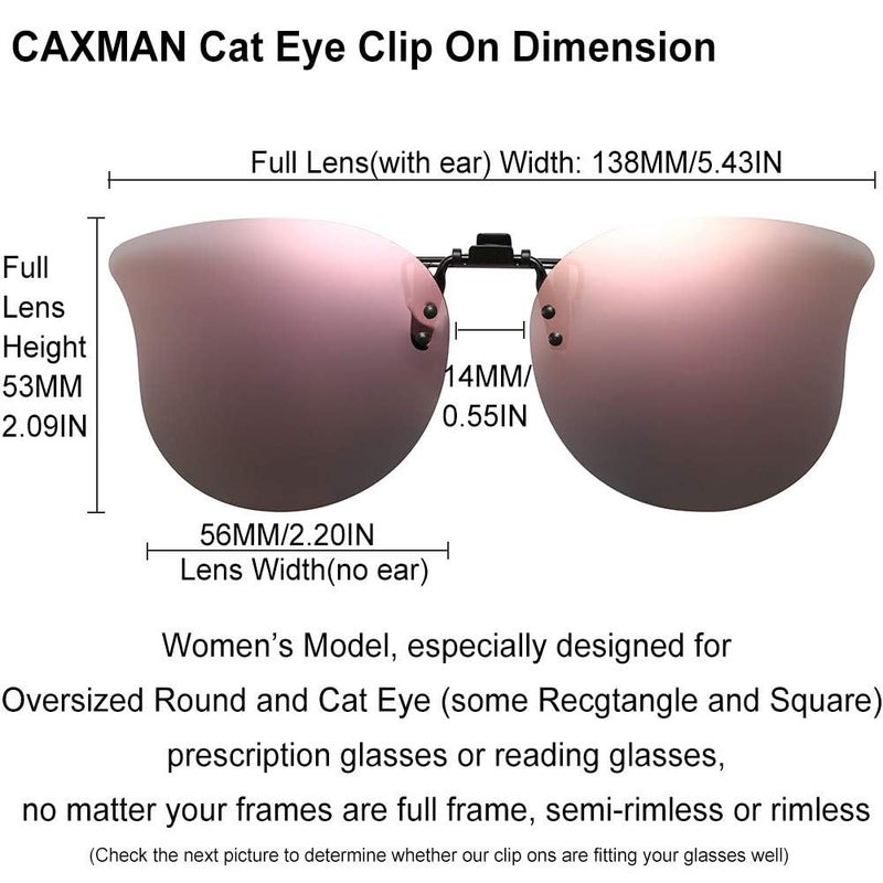 CAXMAN Polarized Cat Eye Clip On Sunglasses Over Prescription Glasses for Women UV Protection Flip Up Pink Mirrored Lens - Image 3